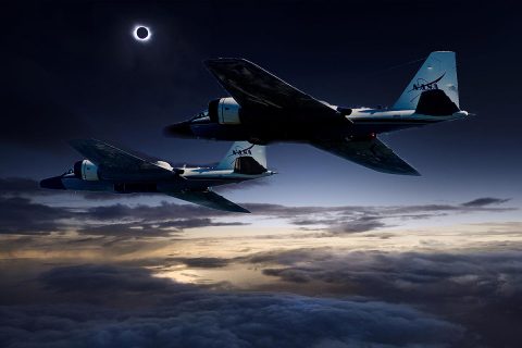 (Photo illustration) During the upcoming total solar eclipse, a team of NASA-funded scientists will observe the solar corona using stabilized telescopes aboard two of NASA’s WB-57F research aircraft. This vantage point provides distinct advantages over ground-based observations, as illustrated by this composite photo of the aircraft and the 2015 total solar eclipse at the Faroe Islands. (NASA/Faroe Islands/SwRI)