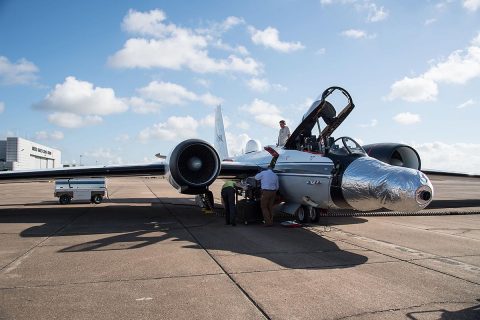 One of the WB-57F jets is readied for a test run at NASA’s Johnson Space Center in Houston. The instruments are mounted under the silver casing on the nose of the plane. (NASA’s Johnson Space Center/Norah Moran)