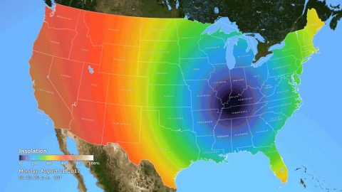 The Moon’s shadow will dramatically affect insolation — the amount of sunlight reaching the ground — during the total solar eclipse. (NASA's Scientific Visualization Studio) The Moon’s shadow will dramatically affect insolation — the amount of sunlight reaching the ground — during the total solar eclipse. (NASA's Scientific Visualization Studio)