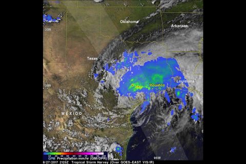 GPM saw Harvey's rainfall pattern was highly asymmetric with the bulk of the rain located north and east of the center on Aug. 27. A broad area of moderate rain (green areas) can be seen stretching from near Galveston Bay to north of Houston and back well to the west. Within this are embedded areas of heavy rain (red areas); the peak estimated rain rate from GPM at the time of this overpass was 96 mm/hour (~3.77 inches per hour). (NASA/JAXA, Hal Pierce)