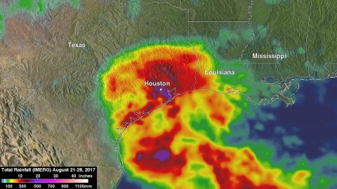 NASA's IMERG rainfall analysis for Tropical Storm Harvey covers the period from Aug. 21 through Aug. 28, 2017. IMERG shows rainfall totals to 20 inches (purple shading) from the coast near Galveston Bay to in and around the Houston area. At least 10 inches (red shading) are shown to have fallen from western Louisiana all the way to near Corpus Christi on the coast. (NASA/JAXA, Hal Pierce)