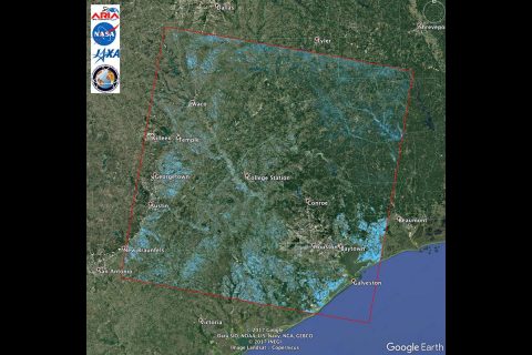 JPL's Advanced Rapid Imaging and Analysis team created this Flood Proxy Map showing areas of Southeast Texas likely flooded from Hurricane Harvey (light blue). The map is derived from radar images from the Japan Aerospace Exploration Agency ALOS-2 PALSAR-2 satellite before and after landfall. (NASA/JPL-Caltech/JAXA/METI/Google Earth) JPL's Advanced Rapid Imaging and Analysis team created this Flood Proxy Map showing areas of Southeast Texas likely flooded from Hurricane Harvey (light blue). The map is derived from radar images from the Japan Aerospace Exploration Agency ALOS-2 PALSAR-2 satellite before and after landfall. (NASA/JPL-Caltech/JAXA/METI/Google Earth)