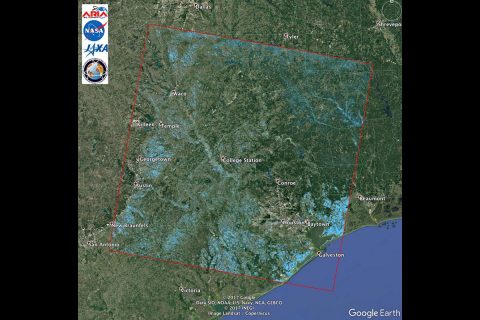 JPL's Advanced Rapid Imaging and Analysis team created this Flood Proxy Map showing areas of Southeast Texas likely flooded from Hurricane Harvey (light blue). The map is derived from radar images from the Japan Aerospace Exploration Agency ALOS-2 PALSAR-2 satellite before and after landfall. (NASA/JPL-Caltech/JAXA/METI/Google Earth)