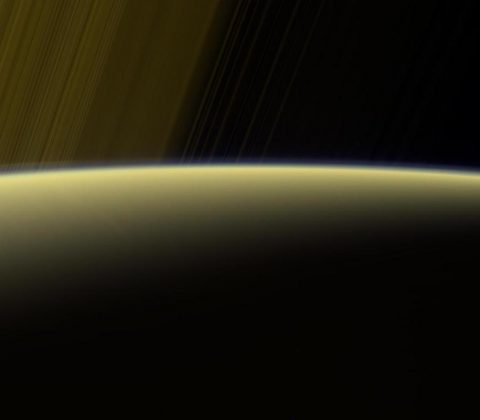 This view from Cassini shows the narrow band of Saturn's atmosphere, which Cassini will dive through five times before making its final plunge into the planet on Sept. 15. (NASA/JPL-Caltech)