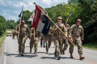 Richard M. McErlean III rucks with leaders of the 2nd Battalion, 506th Infantry Regiment ‘Currahee’ on Fort Campbell, Ky, Aug 2. McErlean III was made an Honorary Member of the Currahee Regiment after his service to the regiment. (Spc. Patrick Kirby. 40th Public Affairs Detachment)