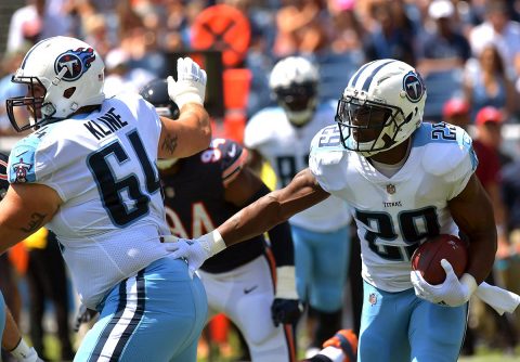 Tennessee Titans running back DeMarco Murray (29) carries the ball as offensive guard Josh Kline (64) blocks during the first half against the Chicago Bears at Nissan Stadium. (Jim Brown-USA TODAY Sports)