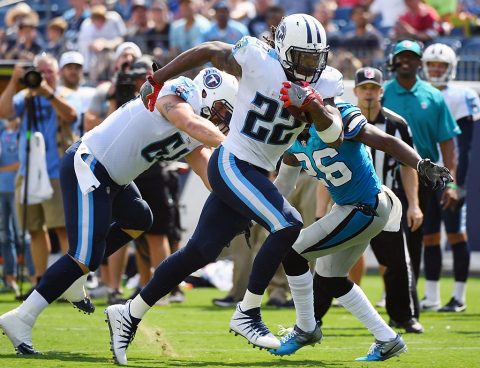 Tennessee Titans running back Derrick Henry (22) runs for a touchdown during the first half against the Carolina Panthers at Nissan Stadium. (Christopher Hanewinckel-USA TODAY Sports)