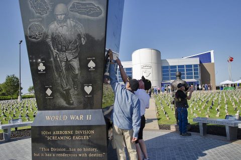 Maxson “Mac” Mills and John Wood examine the Vietnam War portion of the stone pylon which honors four major periods of 101st Airborne Division history in front of McAuliffe Hall at Fort Campbell Sept. 8, 2017. The veterans were part of a reunion for the 50th anniversary of the founding of D Company, 3rd Battalion, 187th Infantry Regiment, 3rd Brigade, 101st. Abn. Div. (Leejay Lockhart)