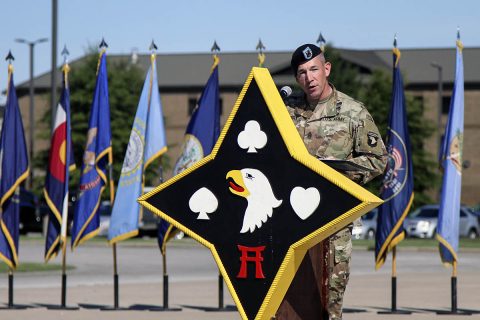 Command Sgt. Maj. Michael J. Perry III, outgoing command sergeant major for the 101st Airborne Division (Air Assault) Sustainment Brigade, 101st Abn. Div., speaks about his time in the bridge, Sept. 7, 2017, during a change of responsibility ceremony on Fort Campbell, Kentucky. (Sgt. Neysa Canfield/101st SBDE Public Affairs) 