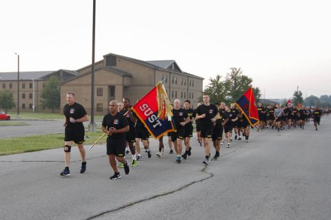 Col. Stanley J. Sliwinski, commander of the 101st Airborne Division Sustainment Brigade, 101st Abn. Div., and Sgt. Maj. Randy B. Gray, acting senior enlisted adviser for the 101st Abn. Div. Sust. Bde., lead the brigade, Sept. 15, 2017, on a remembrance run on Fort Campbell, Kentucky. After the run, Soldiers conducted a remembrance ceremony to commemorate the 63 fallen Soldiers of the brigade. (Sgt. Neysa Canfield/101st SBDE Public Affairs Office) 