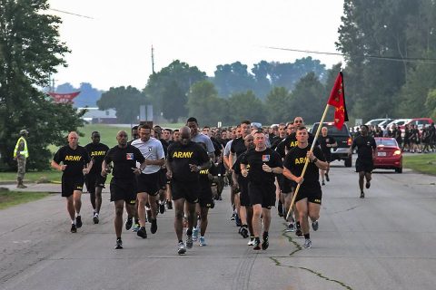 Leaders and Soldiers from the sustainment community on Fort Campbell, Ky., participate in an esprit de corps run with Command Sgt. Maj. Nathaniel J. Bartee, Sr., the senior enlisted adviser for the Combined Arms Support Command, and other influential leaders from the transportation, quartermaster, and ordnance corps as well as the Army Logistics University – Logistics Noncommissioned Officer Academy, and the Soldier Support Institute, August 29, 2017. (Pfc. Alexes Anderson/ 101st Airborne Division (Air Assault) Sustainment Brigade Public Affairs Office) 