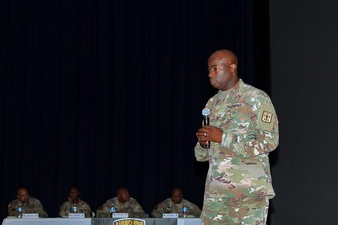 Command Sgt. Maj. Nathaniel J. Bartee, Sr., the senior enlisted adviser for the Combined Arms Support Command, speaks to a group of sustainment leaders from Fort Campbell, Ky., August 28, 2017. (Pfc. Alexes Anderson/ 101st Airborne Division (Air Assault) Sustainment Brigade Public Affairs Office) 