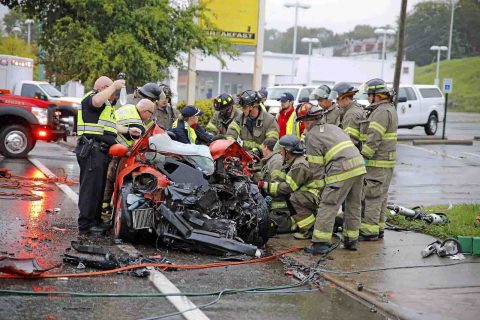 A Dodge pickup collided into a VW on Riverside Drive Wednesday morning.  (Jim Knoll, CPD)