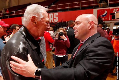 (L to R) Former APSU Men's Basketball coach Dave Loos and current coach Matt Figger. (APSU Sports Information) (L to R) Former APSU Men's Basketball coach Dave Loos and current coach Matt Figger. (APSU Sports Information)