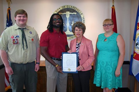 Clarksville Mayor Kim McMillan proclaimed September as Suicide Prevention Awareness Month in Clarksville. She presented the proclamation Thursday to members of the local Suicide Prevention Task Force: (from left) David Keesler, Joseph Chatman III, task force chairman; and Desiree McBride. 