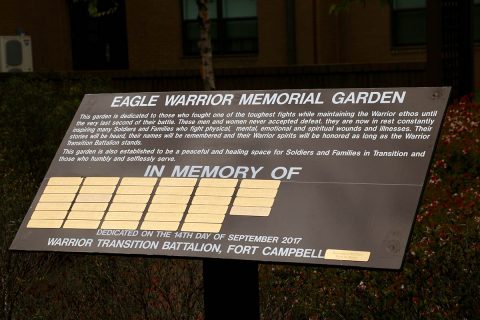 A memorial plaque honoring fallen Soldiers from Fort Campbell’s Warrior Transition Battalion was unveiled during a rededication ceremony of the battalion’s Eagle Warrior Memorial Garden. WTB Soldiers worked to restore the garden so Soldiers and families would have a place to find peace and healing and to honor the WTB’s fallen Soldiers. (Maria Yager)