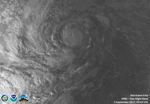 On Sept. 1st at 0347 UTC (Aug. 31 at 11:47 p.m. EDT) the VIIRS instrument aboard NASA-NOAA’s Suomi NPP satellite captured a night-time image of Hurricane Irma in the Atlantic Ocean that showed a tight circulation. (NASA/NOAA/UWM-CIMSS, William Straka III)