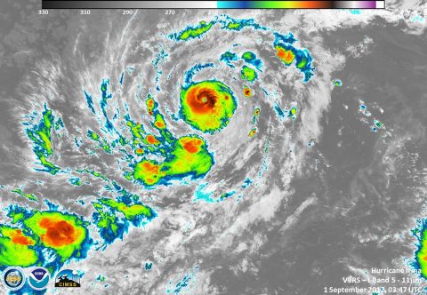 On Sept. 1st at 0347 UTC (Aug. 31 at 11:47 p.m. EDT) the VIIRS instrument aboard NASA-NOAA’s Suomi NPP satellite captured a night-time infrared image of Hurricane Irma in the Atlantic Ocean that showed powerful thunderstorms around the eye. (NASA/NOAA/UWM-CIMSS, William Straka III)