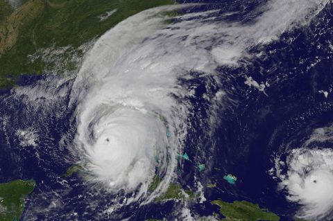 This visible image of Category 4 Hurricane Irma was taken on Sunday Sept. 10, 2017 at 9:25 a.m. EDT (1325 UTC) by the NOAA GOES East satellite as its eye approached the southwestern coast of Florida. Hurricane Jose is seen (right) near the Leeward Islands. (NASA/NOAA GOES Project)