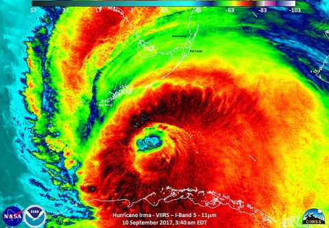 In this Suomi NPP satellite infrared image from Sept. 10, the well-defined eye of Irma is visible with strong thunderstorms around the eye. Coldest cloud tops were as cold as 190.1 Kelvin (minus 83 degrees Celsius/minus 117.4 degrees Fahrenheit). (NASA/NOAA/UWM-CIMSS, William Straka)