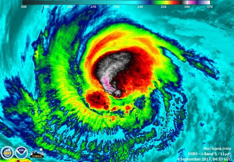 The VIIRS instrument on the Suomi NPP satellite flew over Category 3 Hurricane Irma at approximately on Sept. 4 at 04:32 UTC (12:32 a.m. EDT). Cloud top temperatures were near -117.7F/-83.5C in the western quadrant. (UWM/SSEC/CIMSS, William Straka III) The VIIRS instrument on the Suomi NPP satellite flew over Category 3 Hurricane Irma at approximately on Sept. 4 at 04:32 UTC (12:32 a.m. EDT). Cloud top temperatures were near -117.7F/-83.5C in the western quadrant. (UWM/SSEC/CIMSS, William Straka III)
