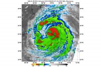 This infrared image from the MODIS instrument aboard NASA’s Aqua satellite shows extremely cold temperatures (red) in thunderstorms surrounding the eye of Hurricane Irma as it traveled along Cuba’s northern coast on Sept. 9 at 3:15 a.m. EDT (0715 UTC). (NASA/NRL)