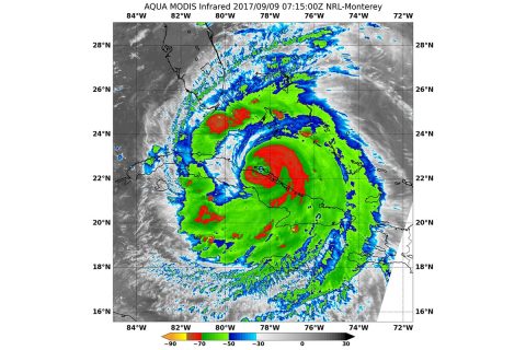 This infrared image from the MODIS instrument aboard NASA's Aqua satellite shows extremely cold temperatures (red) in thunderstorms surrounding the eye of Hurricane Irma as it traveled along Cuba's northern coast on Sept. 9 at 3:15 a.m. EDT (0715 UTC). (NASA/NRL)