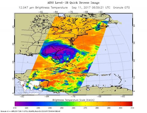 On Sept. 10 at 1:17 p.m. EDT (1717 UTC) the AIRS instrument aboard NASA's Aqua satellite captured this false-colored infrared image of Hurricane Jose. Some cloud top temperatures in strong storms were as cold as minus 63 degrees Fahrenheit (minus 53 degrees Celsius). (NASA JPL, Ed Olsen) On Sept. 10 at 1:17 p.m. EDT (1717 UTC) the AIRS instrument aboard NASA's Aqua satellite captured this false-colored infrared image of Hurricane Jose. Some cloud top temperatures in strong storms were as cold as minus 63 degrees Fahrenheit (minus 53 degrees Celsius). (NASA JPL, Ed Olsen)