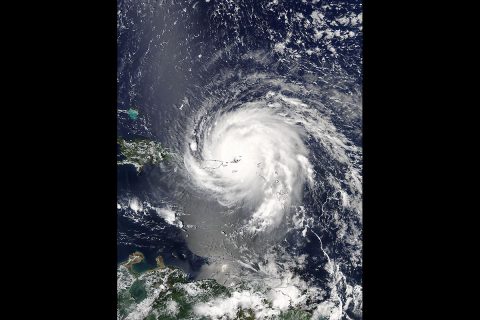 On Sept. 6 at 1:45 p.m. EDT (1745 UTC) the Moderate Resolution Imaging Spectroradiometer or MODIS instrument aboard NASA's Aqua satellite captured a visible-light image of Hurricane Irma over the Leeward Islands and Puerto Rico. (NASA Goddard MODIS Rapid Response Team)