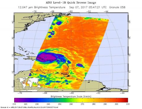 NASA's Aqua satellite captured infrared temperature data on Hurricane Irma on Sept. 7 at 1:47 a.m. EDT (0547 UTC). The image showed a clear eye and very cold cloud top temperatures as cold as minus 63 degrees Fahrenheit (minus 53 degrees Celsius). The southwestern quadrant of the storm was over Puerto Rico. (NASA JPL/Ed Olsen)