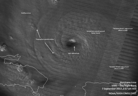 At 2:57 a.m. AST/EDT on Sept. 7, Suomi NPP's Day Night Band imagery and the waning gibbous moon highlighted the convection around Irma's eye and tropospheric gravity waves were present around the well-defined eyewall. (NOAA/NASA/UWM-CIMSS, William Straka III)