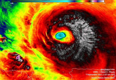 At 2:57 a.m. AST/EDT on Sept. 7, Infrared imagery from Suomi NPP revealed cloud top temperatures as cold as (white) 190 kelvin (minus 83.1 degrees Celsius/minus 117.7 degrees Fahrenheit) from Irma's northern quadrant, stretching through the eastern side to the south of the eye. (NOAA/NASA/UWM-CIMSS, William Straka III)