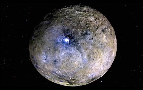 This false-color image of Ceres highlights differences in surface materials. (NASA/JPL-Caltech/UCLA/MPS/DLR/IDA) This false-color image of Ceres highlights differences in surface materials. (NASA/JPL-Caltech/UCLA/MPS/DLR/IDA)