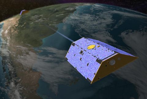 Illustration of the Gravity Recovery and Climate Experiment (GRACE) twin satellites in orbit. (NASA-JPL/Caltech)