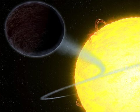 The day side of the planet, called WASP-12b, eats light rather than reflects it into space. The exoplanet, which is twice the size of Jupiter, has the unique capability to trap at least 94 percent of the visible starlight falling into its atmosphere. The temperature of the atmosphere is a seething 4,600 degrees Fahrenheit, which is as hot as a small star. The night side is much cooler, with temperatures roughly 2,200 degrees Fahrenheit, which allows water vapor and clouds to form. (NASA, ESA, and G. Bacon (STScI))