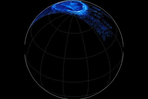 This is a reconstructed view of Jupiter's northern lights through the filters of the Juno Ultraviolet Imaging Spectrograph instrument on Dec. 11, 2016, as the Juno spacecraft approached Jupiter, passed over its poles, and plunged towards the equator. (NASA/JPL-Caltech/Bertrand Bonfond )