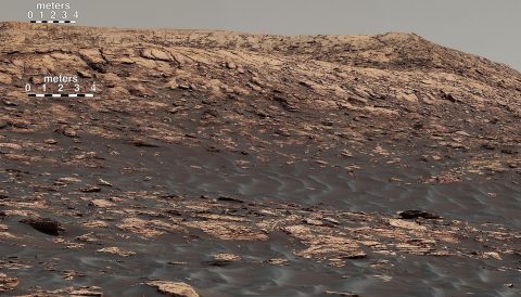 "Vera Rubin Ridge," a favored destination for NASA's Curiosity Mars rover even before the rover landed in 2012, rises near the rover nearly five years later in this panorama from Curiosity's Mastcam. (NASA/JPL-Caltech/MSSS)