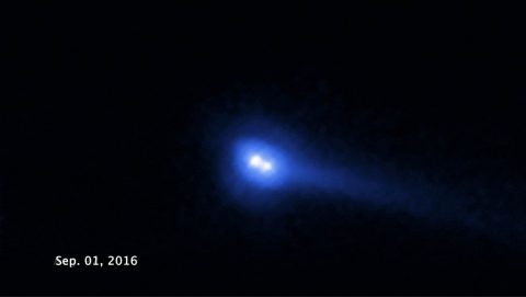 Hubble Space Telescope photo reveals two asteroids orbiting each other that have comet-like features. The asteroid pair, called 2006 VW139/288P, was observed in September 2016, just before the asteroid made its closest approach to the Sun. The photos revealed ongoing activity in the binary system. (NASA, ESA, and J. DePasquale and Z. Levay (STScI))