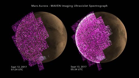 These images from the Imaging Ultraviolet Spectrograph on NASA's MAVEN orbiter show the appearance of a bright aurora on Mars during a solar storm in September 2017. The purple-white colors shows the intensity of ultraviolet light on Mars' night side before (left) and during (right) the event. (NASA/Univ. of Colorado)