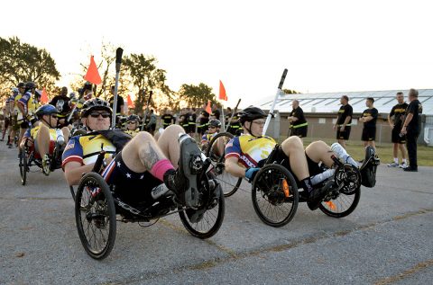 Soldiers, staff and veterans from Fort Campbell’s Warrior Transition Battalion prepare to set out on the Bluegrass Rendezvous, a two-day 167-mile bike ride on and around Fort Campbell. (U.S. Army photo by Maria Yager)