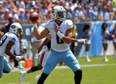 Tennessee Titans quarterback Marcus Mariota (8) throws a pass against the Chicago Bears during the first half at Nissan Stadium. (Jim Brown-USA TODAY Sports)