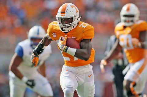 Tennessee Volunteers running back Carlin Fils-aime (27) carries the ball on his way to scoring a touchdown against the Indiana State Sycamores during the first half at Neyland Stadium. (Crystal LoGiudice-USA TODAY Sports)