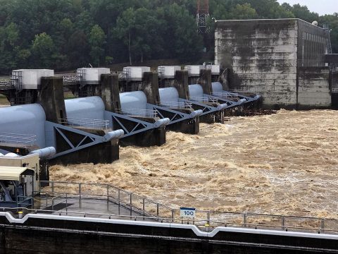 The U.S. Army Corps of Engineers Nashville District Water Management Center is passing water through Cheatham Dam on the Cumberland River in Ashland City, Tenn., at a rate exceeding 90,000 cubic feet per second. Six to nine inches of rain from the remnants of Hurricane Harvey fell into the Cumberland River watershed and is flowing into Cheatham Lake in Tennessee and Barkley Lake in Kentucky. Cheatham Lock is closed because of the strong currents flowing through the dam. (Mark Rankin) 