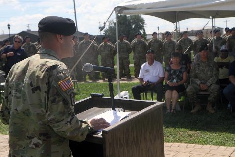 Lt. Adam Sawyer, 2nd Battalion, 502nd Infantry Regiment commander, speaks to Vietnam Veterans, Family members and current 2-502 Soldiers during the 2-502 Vietnam Memorial Rededication ceremony Aug. 23, 2017 at Fort Campbell, Ky. (U.S. Army photo by Sgt. William White) 