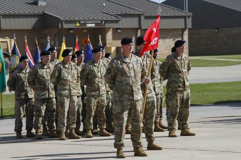 First Sgt. Rodney B. Ammons, first sergeant for 887th Engineer Support Company, attached to 716th Military Police Battalion, 101st Airborne Division (Air Assault) Sustainment Brigade, 101st Abn. Div., stands in front of his company, Oct. 20, 2017, during an activation ceremony on Fort Campbell, Kentucky. The company, which is assigned to 19th Engineer Battalion, 20th Engineer Brigade, was deactivated on January of 2015. (Sgt. Neysa Canfield/101st SBDE Public Affairs) 