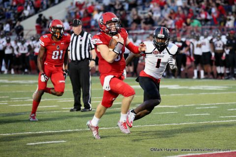 Austin Peay freshman quarterback Jeremiah Oatsvall rushes for a touchdown against Southeast Missouri Saturday, October 21st, 2017 at Fortera Stadium.