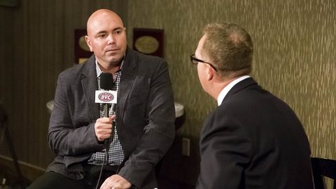 Austin Peay State University head men's basketball coach Matt Figger at OVC Media Days. (APSU Sports Information)