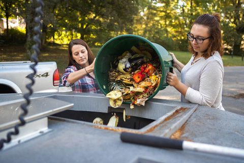 Director of the APSU Center for Service Learning &amp; Community Engagement, Alexandra Wills and Student Worker, Leslie Warren demonstrate the waste compost on campus.