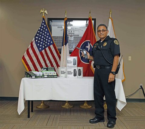 Clarksville Police Chaplain Martinez will take four satellite phones to Puerto Rico on October 10th. (Jim Knoll, CPD)