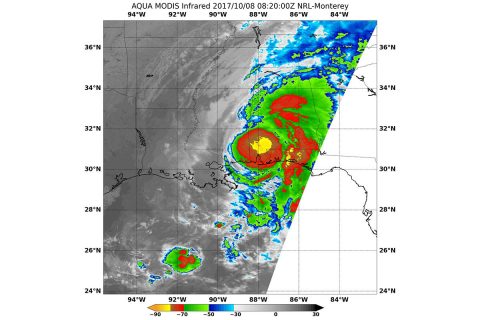 On October 8th at 4:20am EDT (0820 UTC) the MODIS instrument aboard NASA's Aqua satellite analyzed Nate's cloud top temperatures in infrared light and found strongest storms (yellow) around the center of circulation. (NASA/NRL) On October 8th at 4:20am EDT (0820 UTC) the MODIS instrument aboard NASA's Aqua satellite analyzed Nate's cloud top temperatures in infrared light and found strongest storms (yellow) around the center of circulation. (NASA/NRL)
